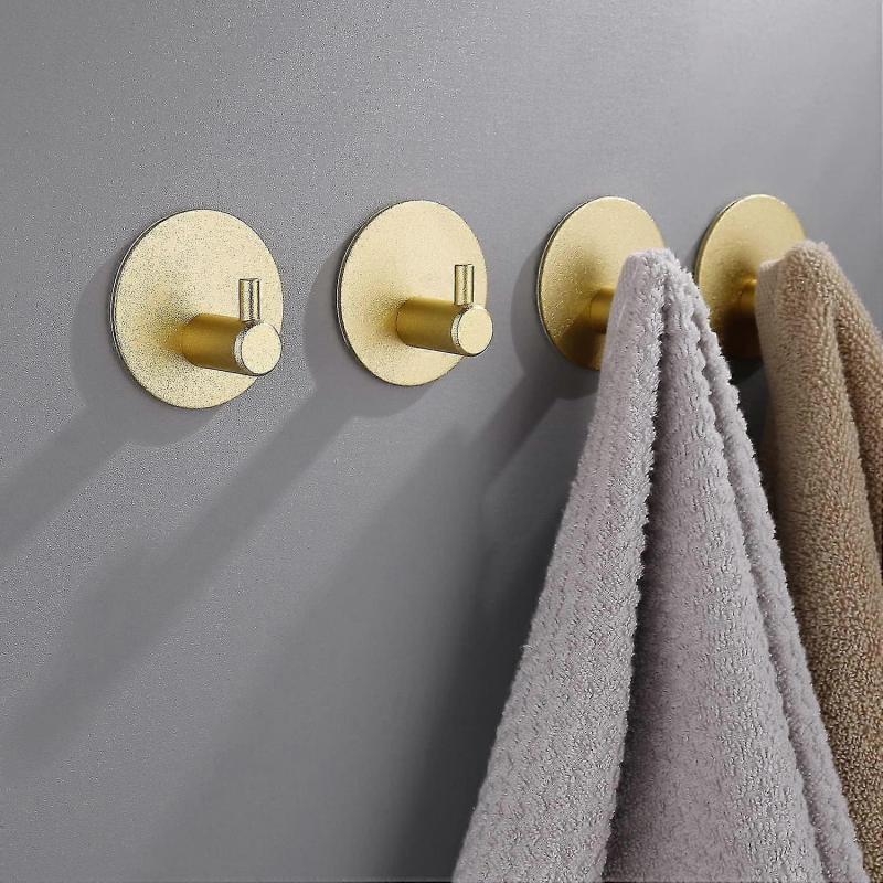 4-Pack Gold Self-Adhesive Bathroom Hooks, No Drill Strong Sticky Wall Hooks for Towel Clothes