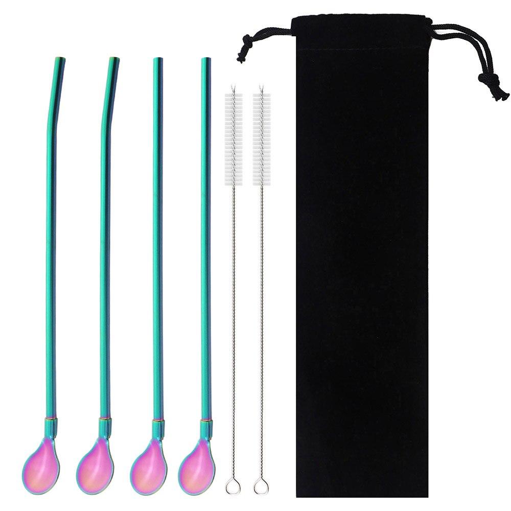 Gold Long Straw Spoons Metal Stainless Steel Straight Scoop Reusable Straw Cocktail Coffee Stirring Drinking Spoon Bar Accessory