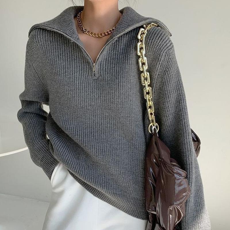 Lapel half zipper knitted sweater women's autumn and winter new commuter versatile loose pullover sweater women