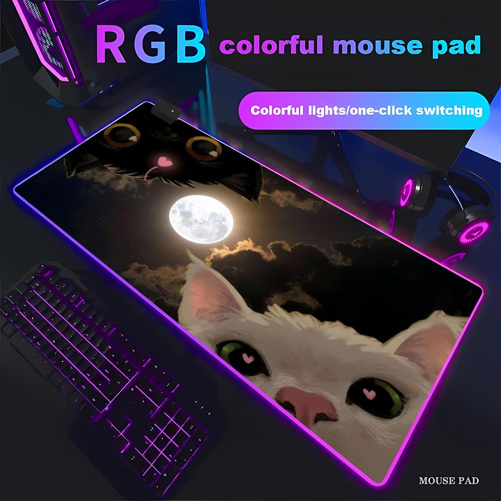 RGB Kawaii Black Cat Mouse Pad, Extra Large Mouse Pad with Stitched Edges, Keyboard Pad, Perfect for Office and Gaming HYBXAXC RGB600x300x3mm