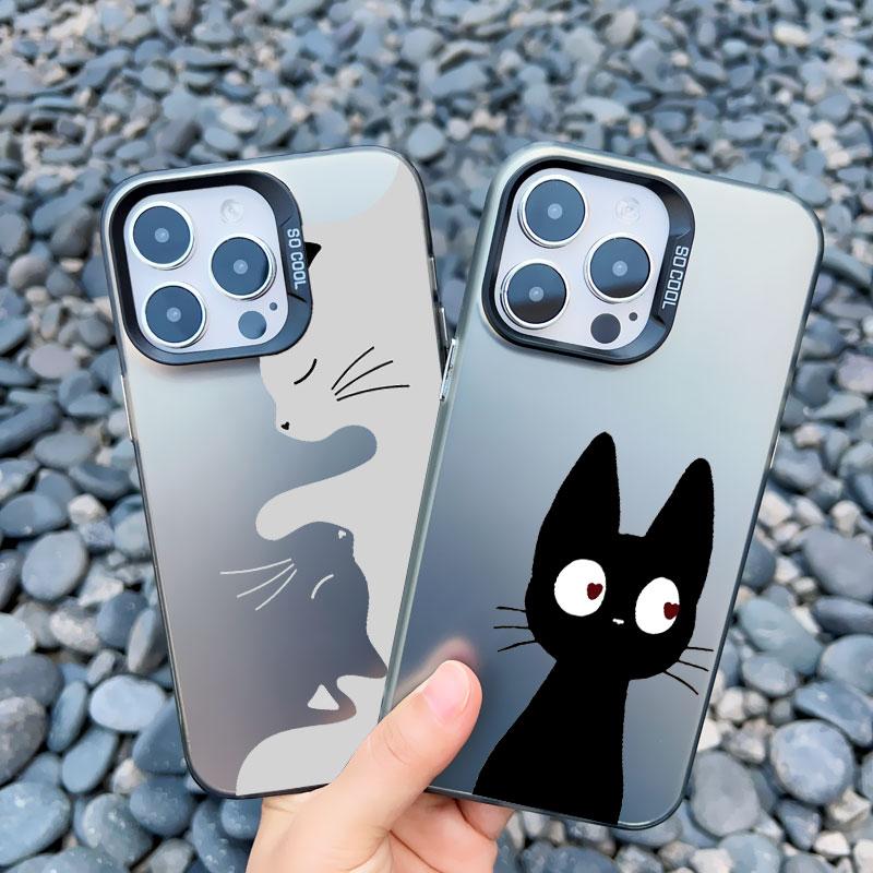 Coque de téléphone Mignonne Dessin Animé Chat Noir Pour iPhone 16 15 Pro Max Plus 14 13 12 11 Pro Max 13 Mini Anti-Choc Couverture Arrière Laser Funda