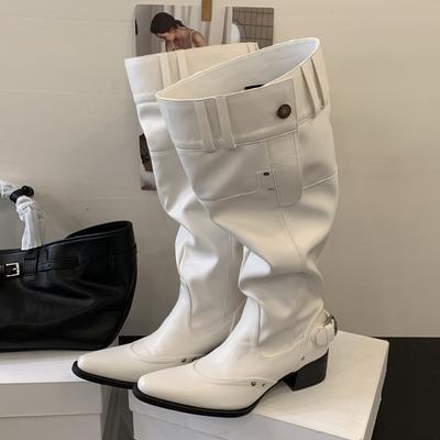 Mode Eilyken Designer Bottes Plissées pour Femme Mi-Mollet Mode Carré Bas Talons Bottines Longues Automne Hiver Boucle Sangle Chaussures