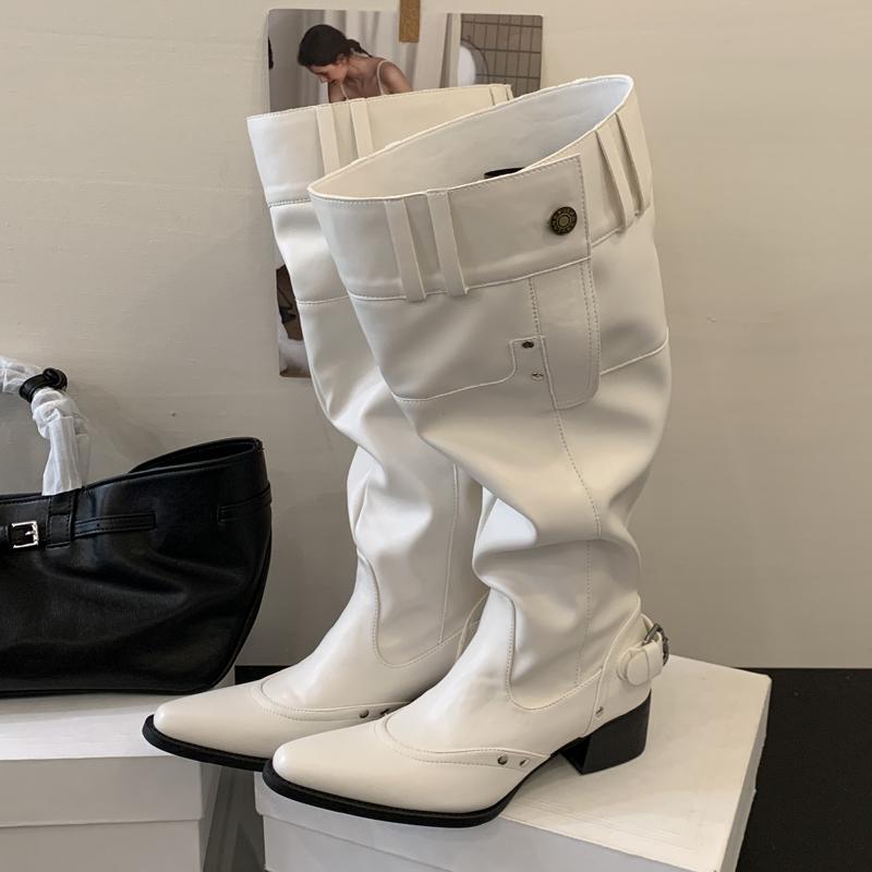 Eilyken Autumn Fashion Designer Buckle Strap Woman Knee High Boots Square Heels Long Modern Booties White Pleated Shoes