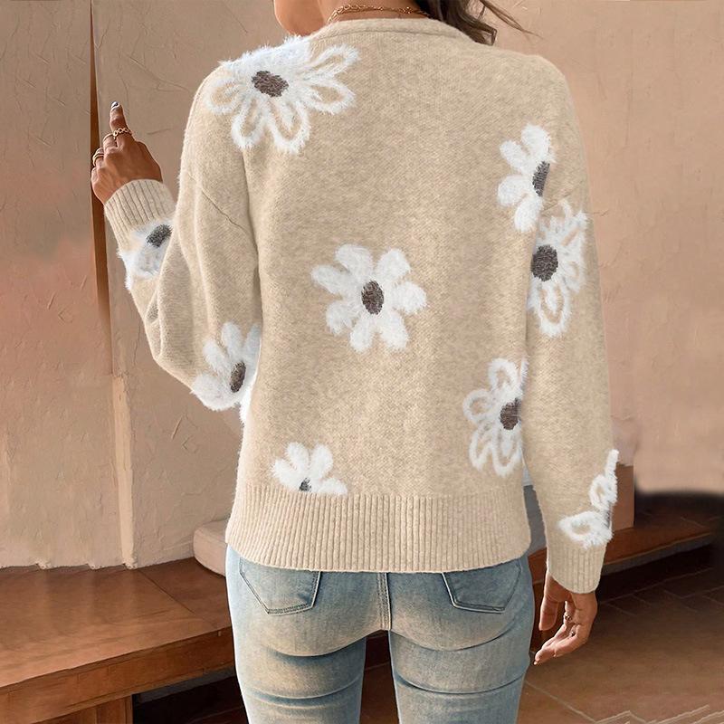 Dámský jarní a podzimní kardigan na knoflíky s květinovým vzorem