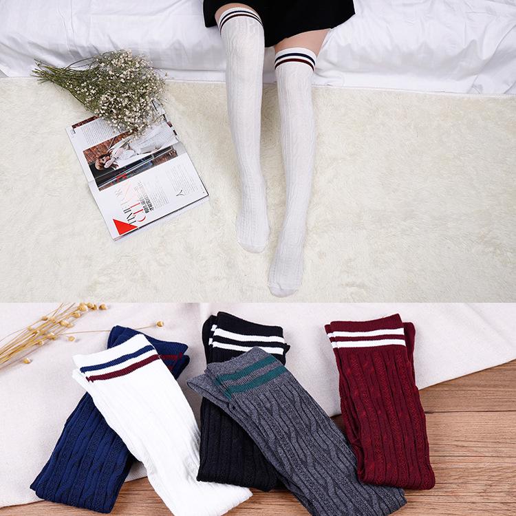 Winter Two-Stripe Cable Knit Over-the-Knee Cotton Socks - Slimming Korean Academy Style Scrunch Socks for Women