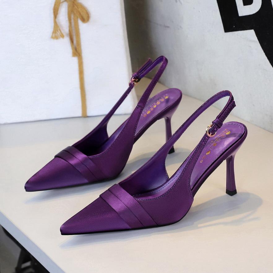 

Fashion Sexy Purple Satin High Heels Pumps for Women 2025 Summer Slingbacks Thin Heeled Ladies Shoes Pointed Toe Party Wedding Shoes 34 фиолетовый