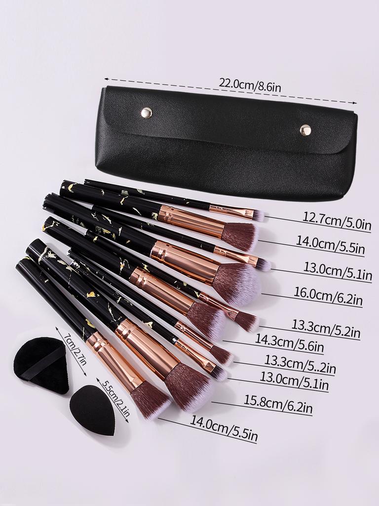 Professional marble-patterned makeup brush set: 10 synthetic fiber makeup brushes+4 makeup sponge powder puffs+black storage bag