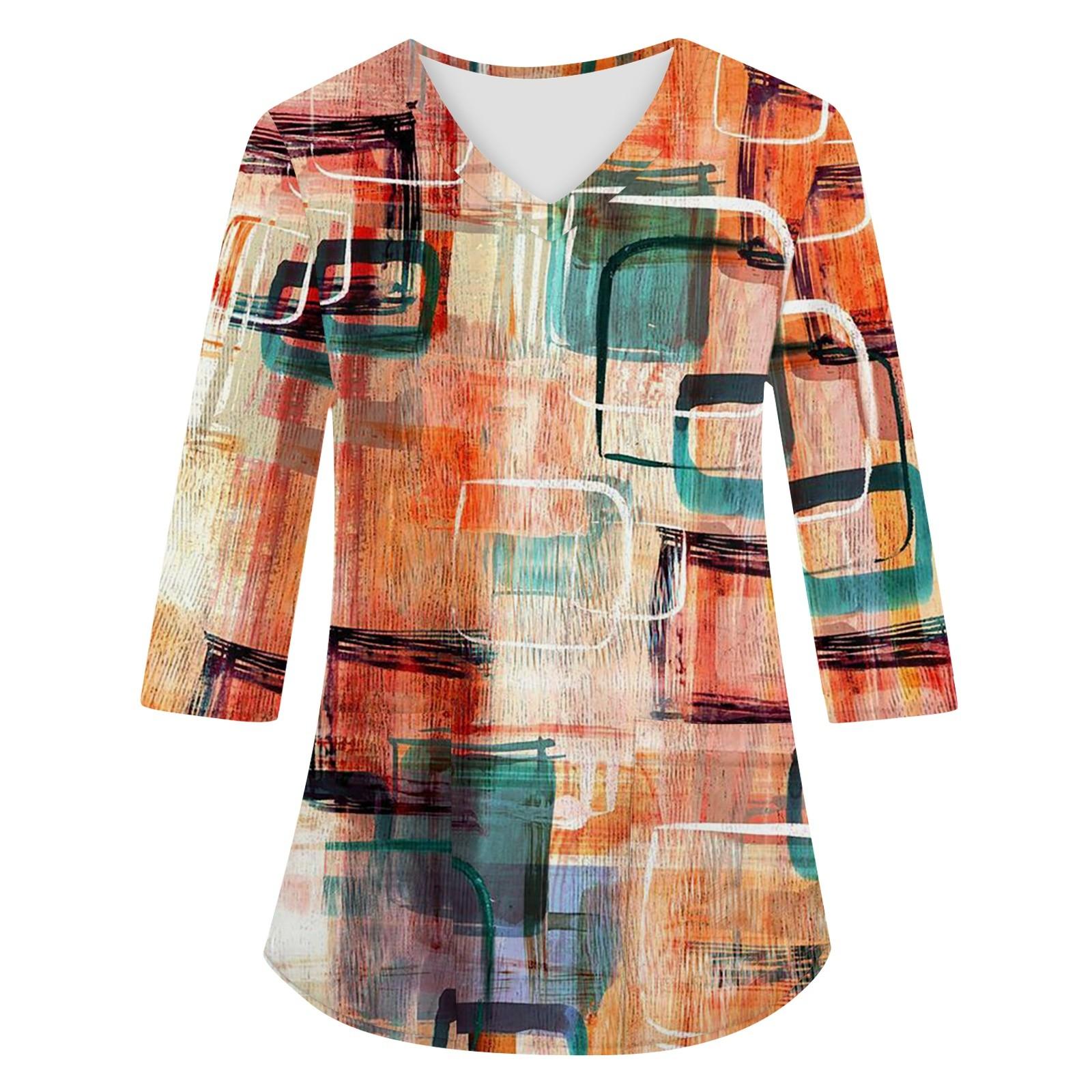 

Модная женская рабочая одежда с v-образным вырезом и рукавами 3/4, свободные топы с карманами и принтом XXXXL оранжевый