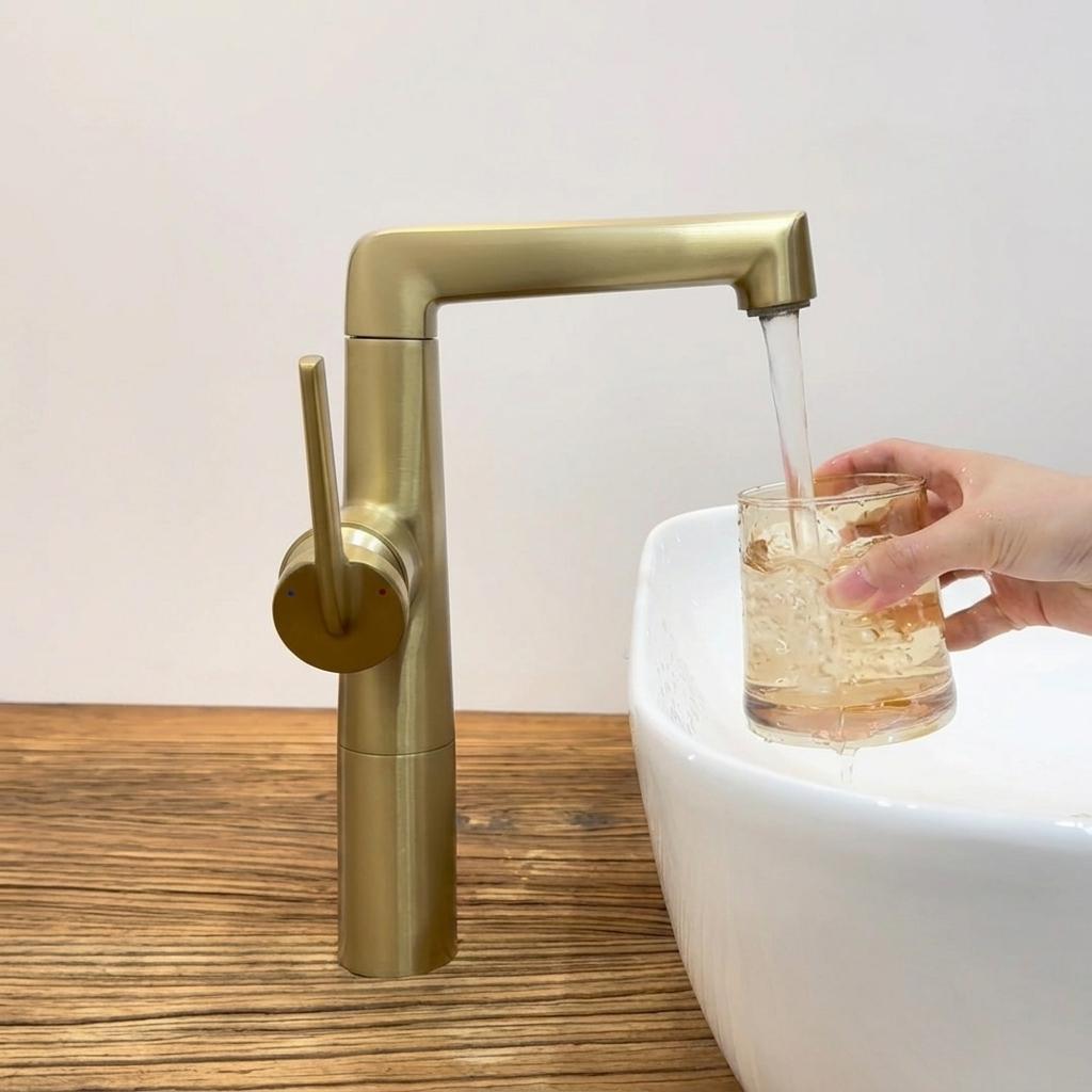 Brushed Gold L Shape Rotatable Spout Vessel Sink Faucet Full Brass Body Zinc Alloy Handle Ceramic Cartridge (Gold,Brushed Gold) золотой