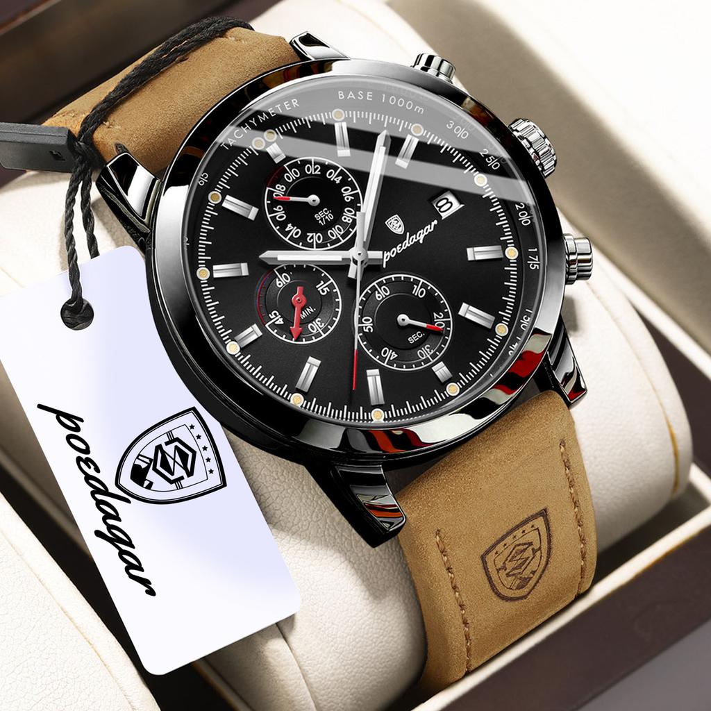 POEDAGAR Functional Luxury Man Wristwatch Date Waterproof Luminous Chronograph Men Watch Male Leather Quartz Watches