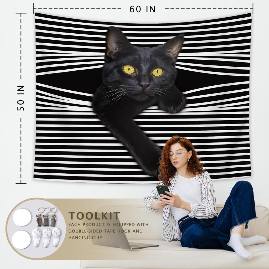 Funny Cat Tapestry for Bedroom, Cute Black and White Tapestry Anime Tapestry Wall Hanging with, Gifts for Cat Lovers, Cats Wall