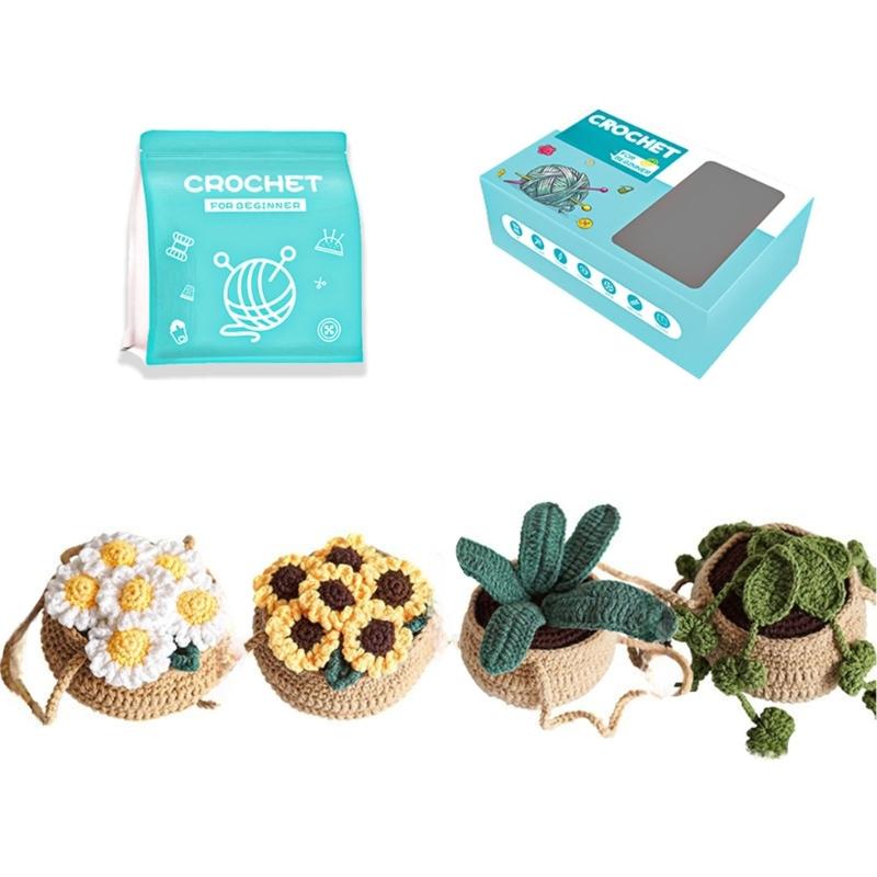 Crochet Flower Set with Step-by-Step Tutorial Instruction Crochet Potted Plant Crochet Knitting Supplies for Beginner