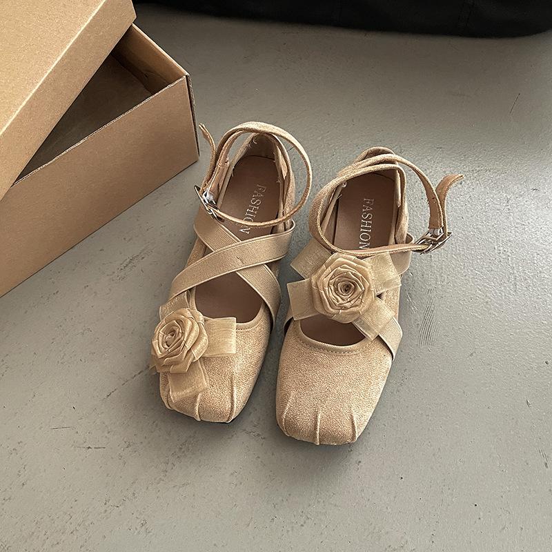 Vintage Flower Round Head Ballet Shoes Spring Cross Strap Casual Single Shoes Women's Shallow Mouth Evening Breeze Gentle Flats