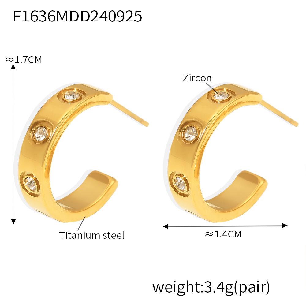 Stylish Zirconia C-Shaped Earrings: Cool 18K Gold-Plated Titanium Steel