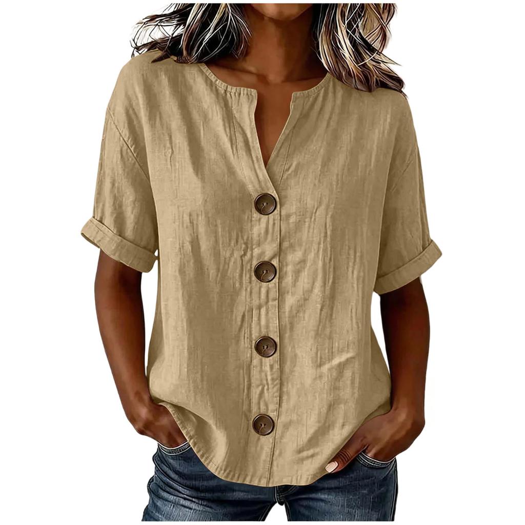 Women'S Elegant V Neck Short Sleeve Button Down Cotton Linen Blouse, Solid Color Summer Office Casual Top