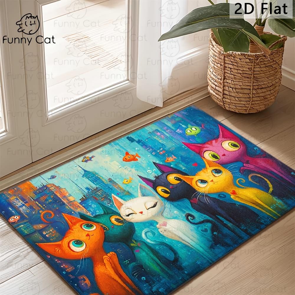 1pc, Whimsical City Cats Art Doormat - Vibrant Rainbow Kittens with Expressive Eyes In a Surreal Cityscape Bubbles & Floating Fish Scene. Non-Slip Mac