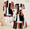 Women Plus Size Two Piece Set Abstract Printed Square Neck Short Sleeve Belted Flared Dress 3 4 Sleeve Open Front Cardigan