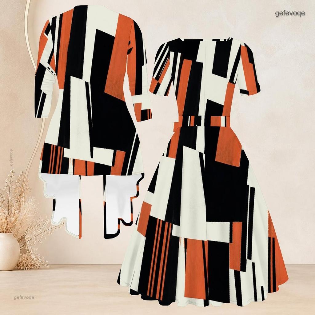 Women Plus Size Two Piece Set Abstract Printed Square Neck Short Sleeve Belted Flared Dress 3 4 Sleeve Open Front Cardigan