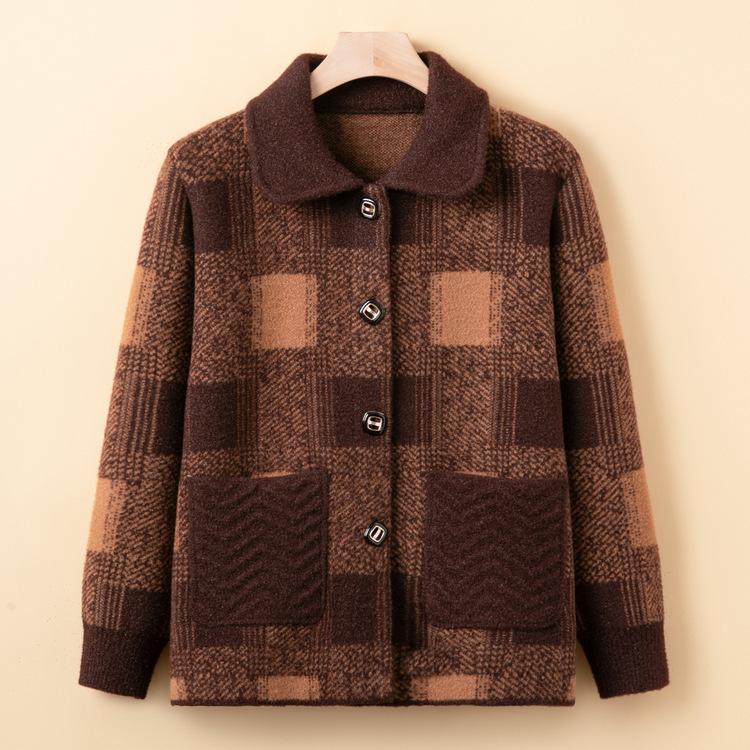 Mom Dress Stylish Lapel Knitted Jacket for Women In Spring and Autumn New Loose Plaid Cardigan Grandma Thick Top