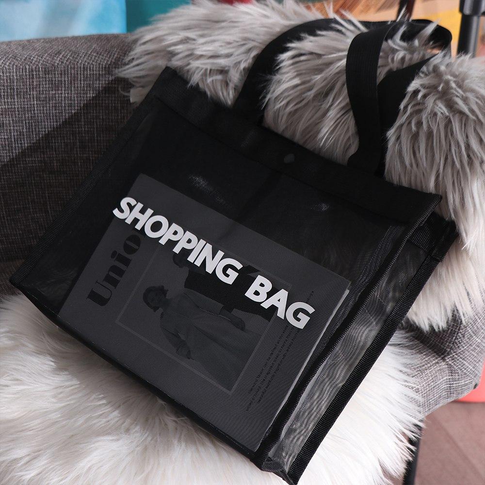 Black Transparent Nylon Mesh Shopping Bag Large Capacity Shoulder Handbag For Shopping Bags Breathable Beach Travel Storarge Bag