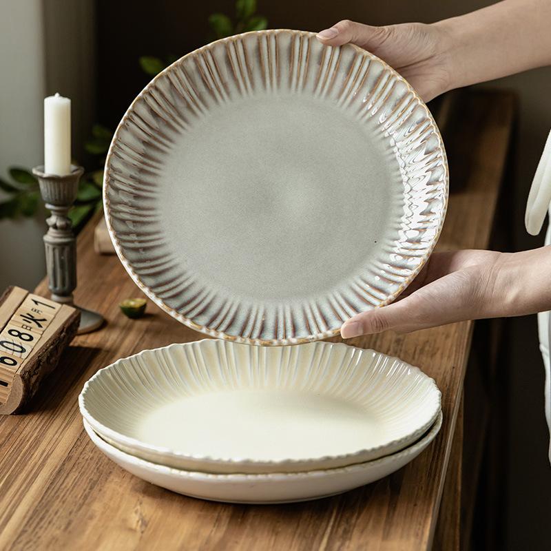Delicate Ruffled Ceramic Large Plate Tableware Plate Retro Style Round Plate Relief Home Vegetable Plate Restaurant Deep Plate