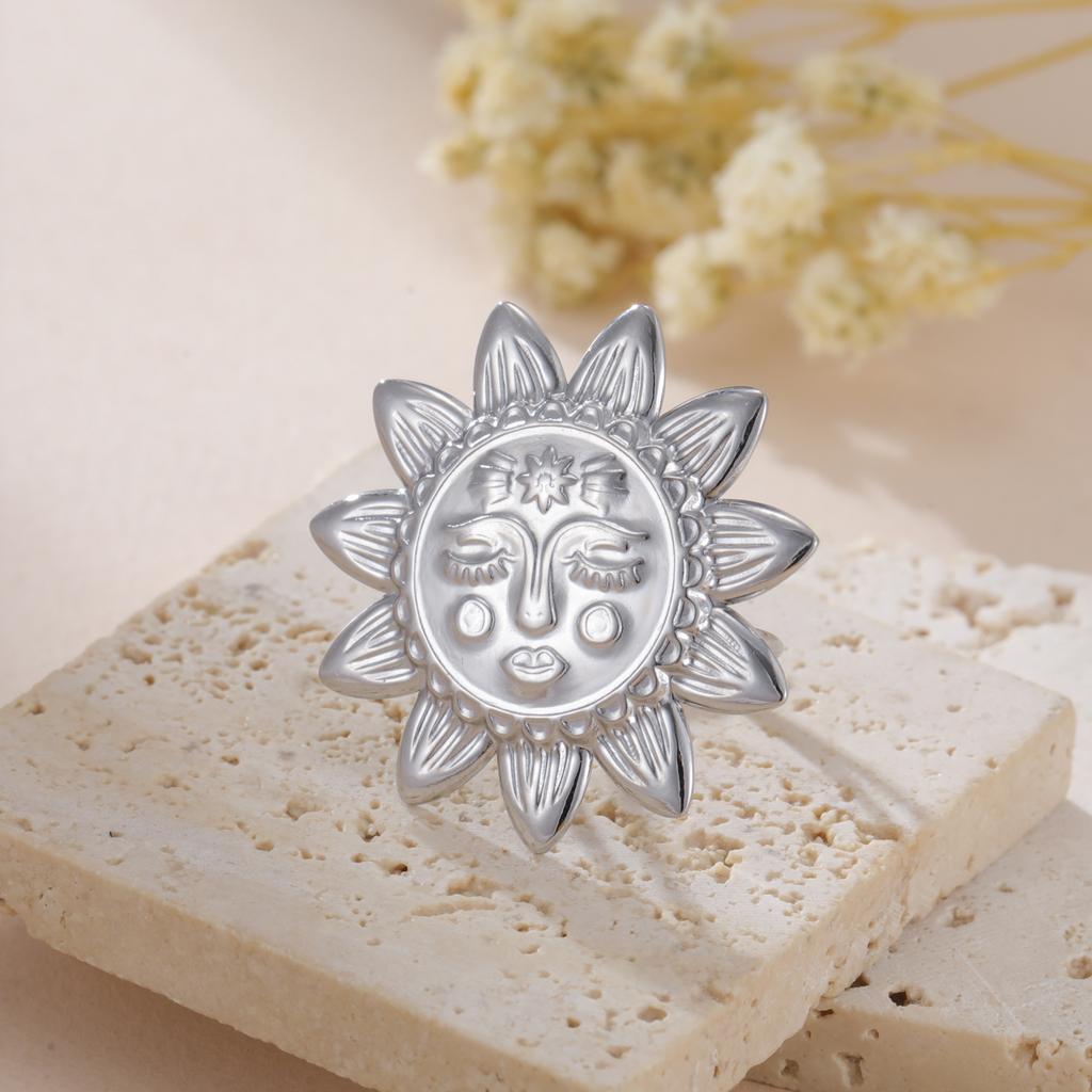 Teamer Big Sunflower Open Ring For Women Stainless Steel Gold Color Adjustable Finger Rings Bohemian Jewelry Gift Wholesale