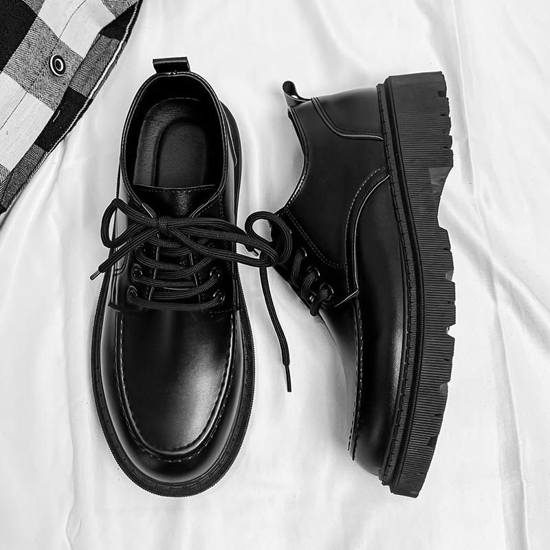 Japanese retro small leather shoes business casual work shoes trendy British black round head Martin shoes suit men's shoes increase height