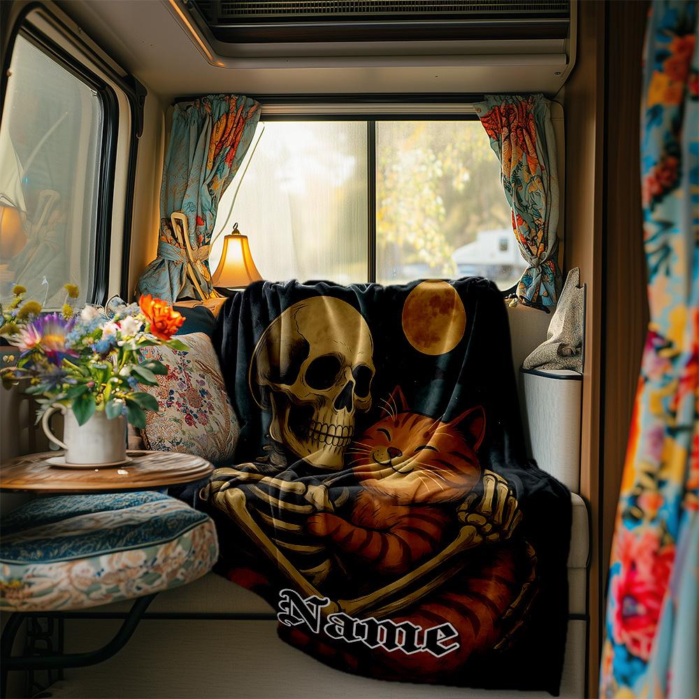 Skull Embraces Cat Under Moonlight Artwork Blanketcustomizable With Your Namecomfortable And Stylish Perfect For Travel Beds Chairs Offices Sofas