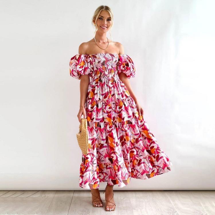 Fashion Summer Dress Women Strapless Print Pleated Short Sleeve Ankle Length