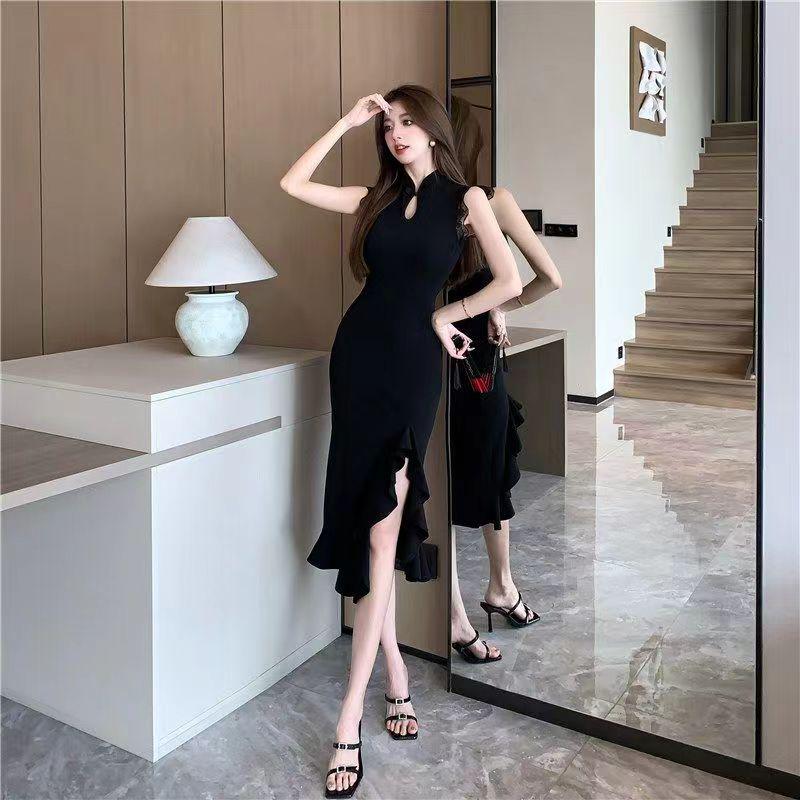 Abito Midi Cheongsam Senza Maniche con Volant, Spacco e Bordo in Pizzo 2025