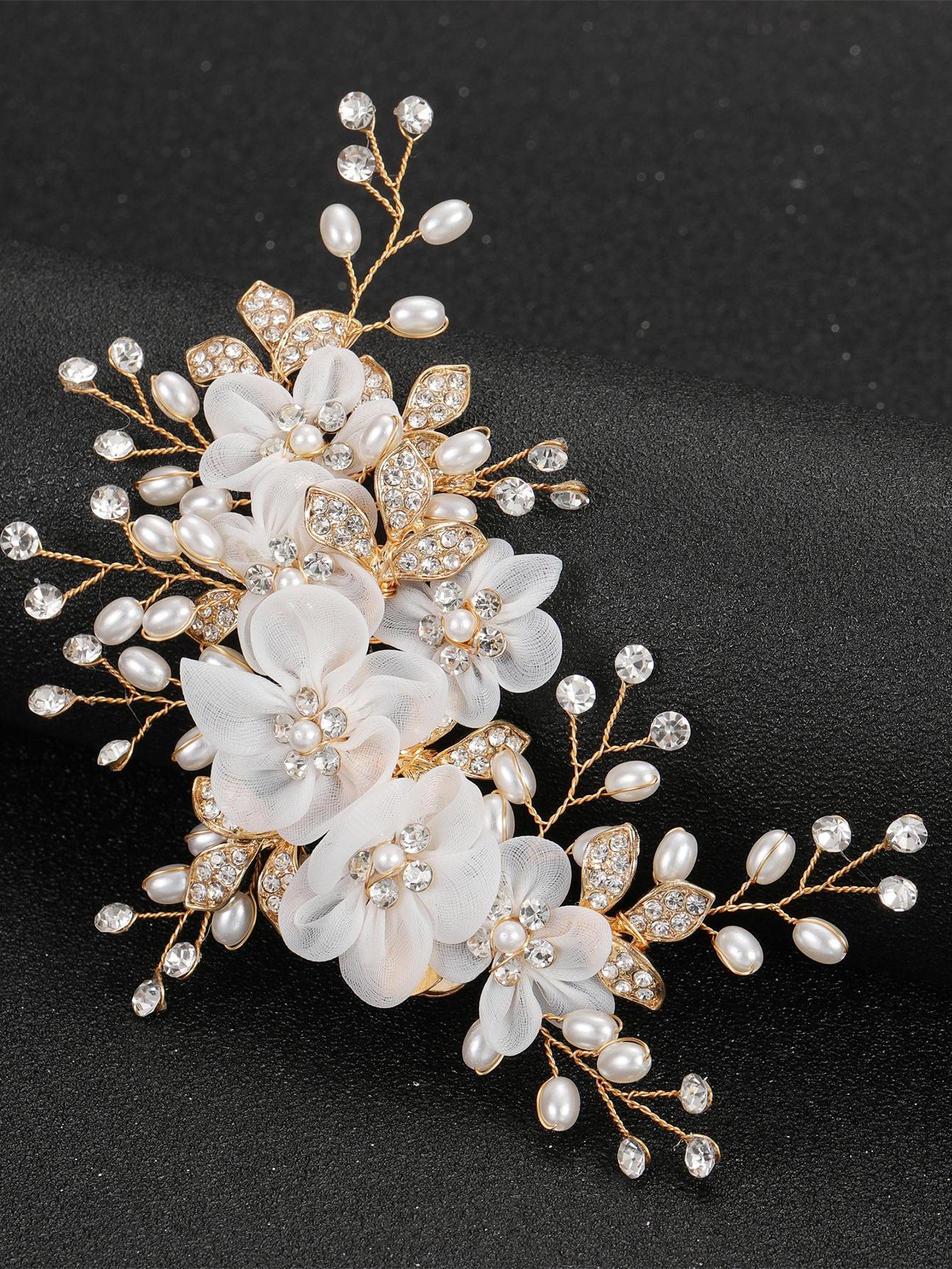 

1 Свадебный цветок страз жемчуг гребень для волос; Свадебные аксессуары для волос one-size золотой