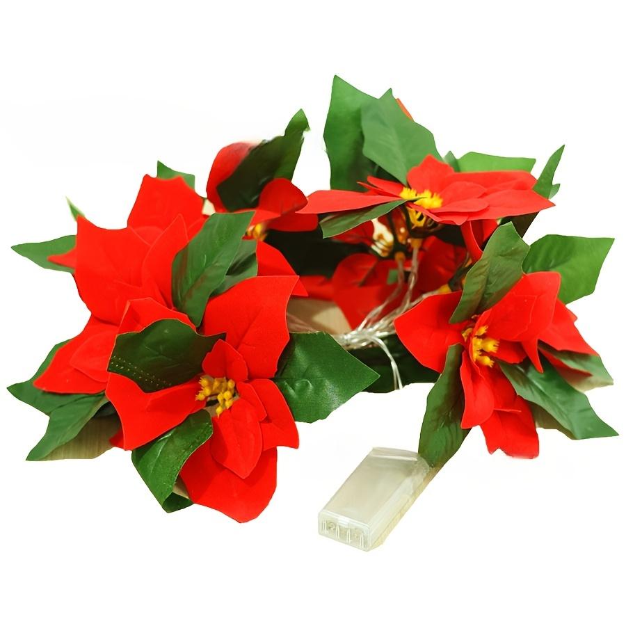 

Christmas Poinsettia Flowers Garland Decorations, LED Lighted Artificial Velvet String Lights with Red Berries, Xmas Ornaments for Indoor Outdoor Fire