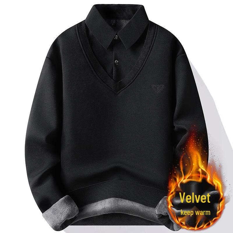 Men's Fleece-Lined Two-Piece Look Warm Sweater with Shirt Collar