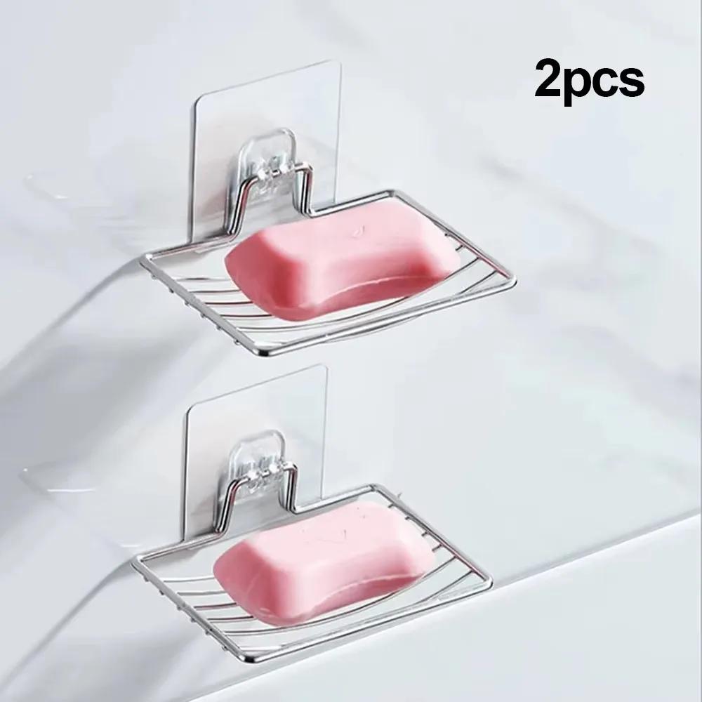 1/2pcs-Stainless Steel Soap Rack Punch-free Nail-free Bathroom Single Layer Drain Wall Hanging Sucker Soap Box Luxury Shelf
