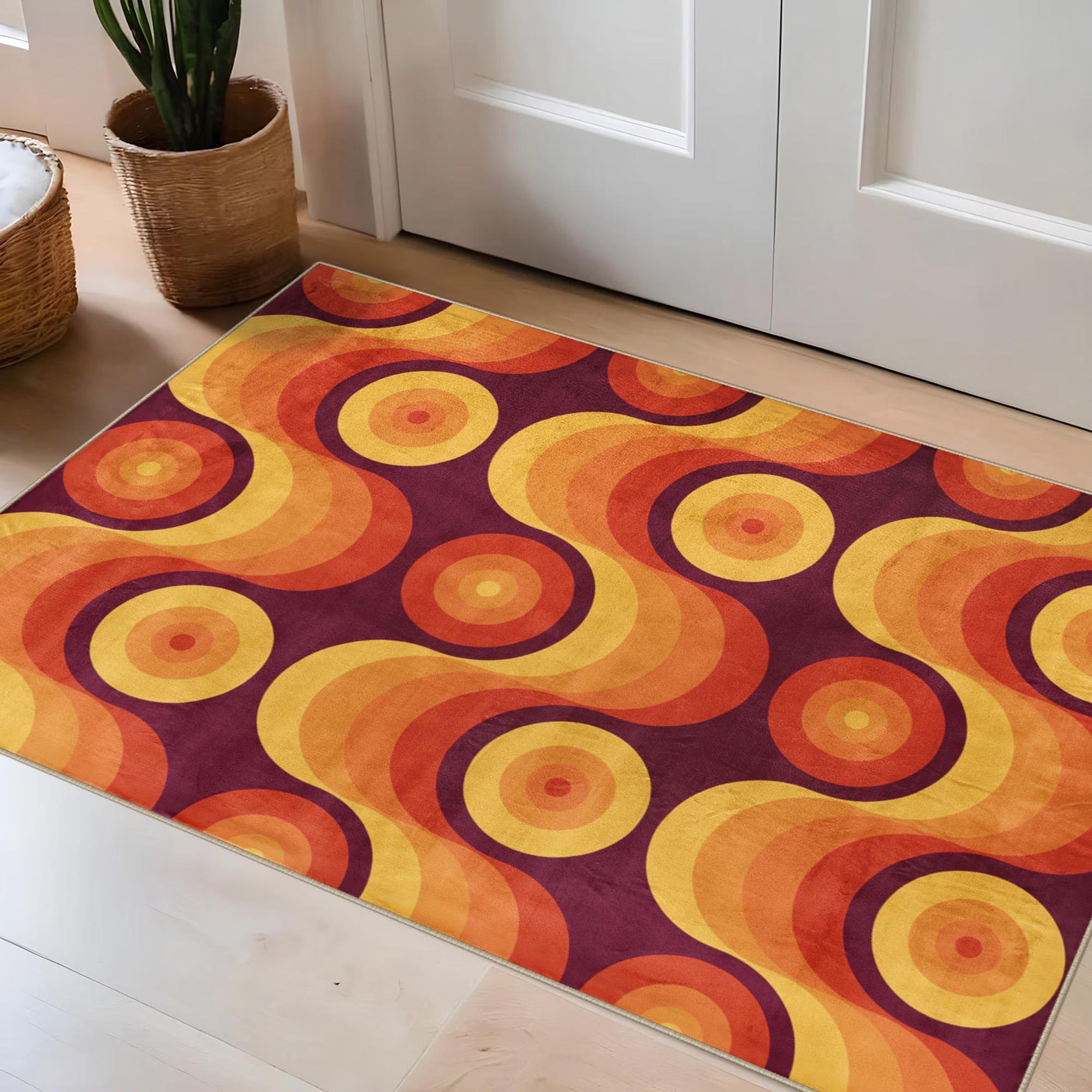 

Doormat Entrance Mat Retro Orange Floral Checkered Pattern Non Slip Print Floor Mat for Entryway Bathroom Kitchen Hallway 40cm x 60cm