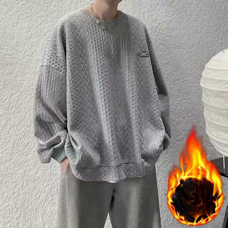 Winter Velvet Thick Warm Hemp Pattern Sweatshirt Men's Loose and Versatile Round Neck Pullover Youth Long-sleeved Sweatshirt