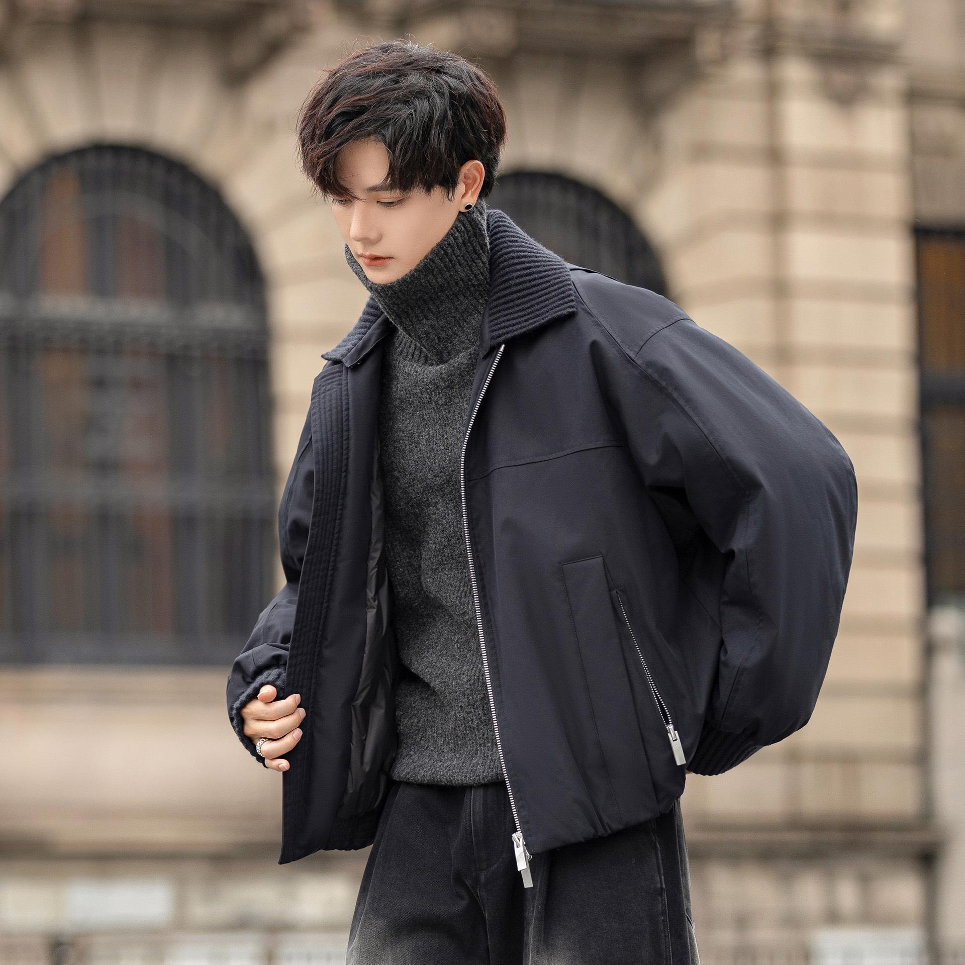 Trendy Brand 2025 Men s Knit Lapel Patchwork Down Jacket - Casual, Loose, Warm Winter Outerwear XXL чёрный