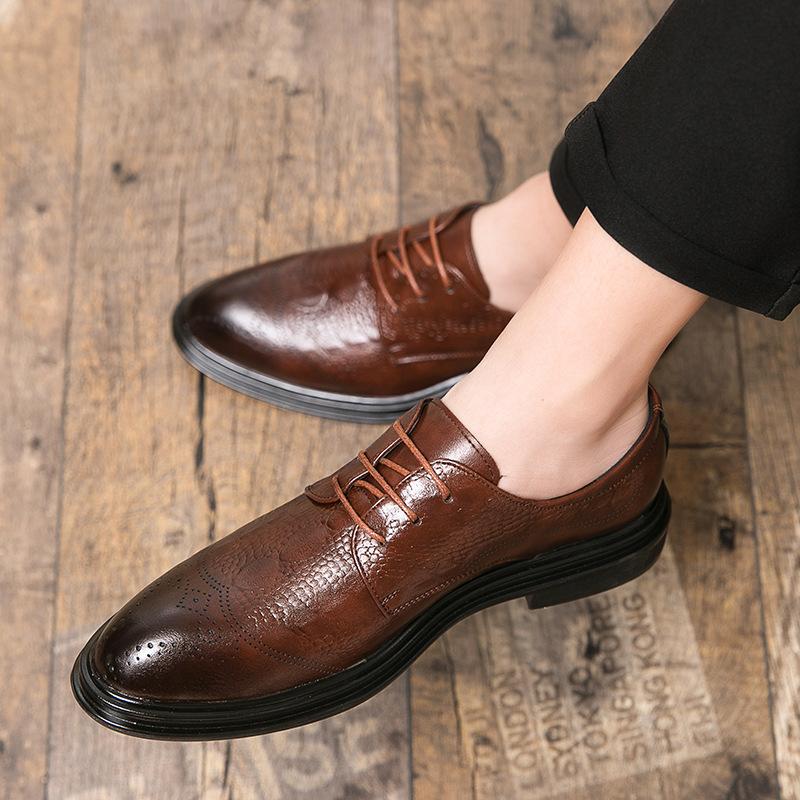 British pointed men's shoes low-top formal business leather shoes Brock hairstylist trendy shoes lace-up wedding shoes