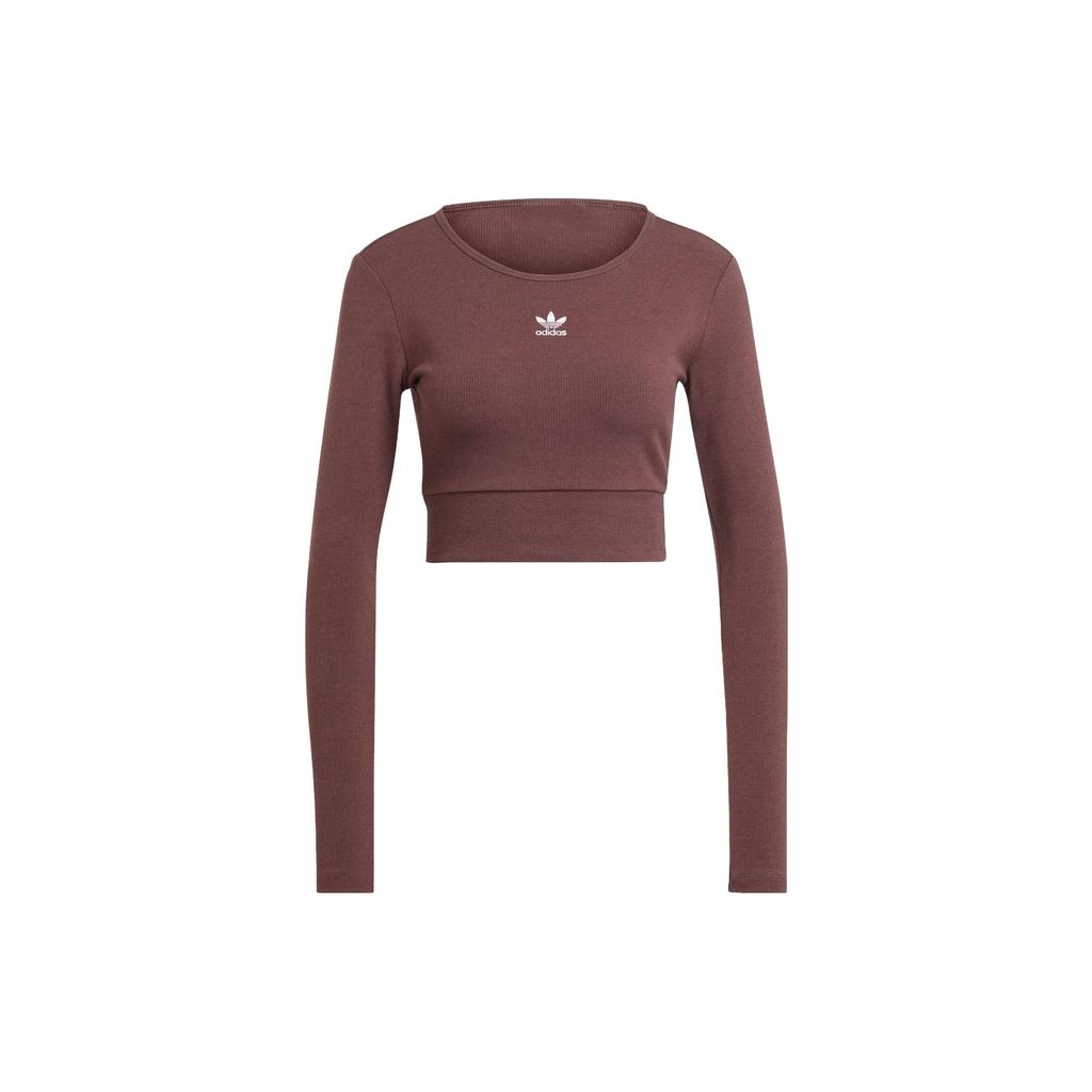 Adidas Originals Essentials Žebrované tričko s dlouhým rukávem Dámské topy Tmavě šedohnědé IJ5385
