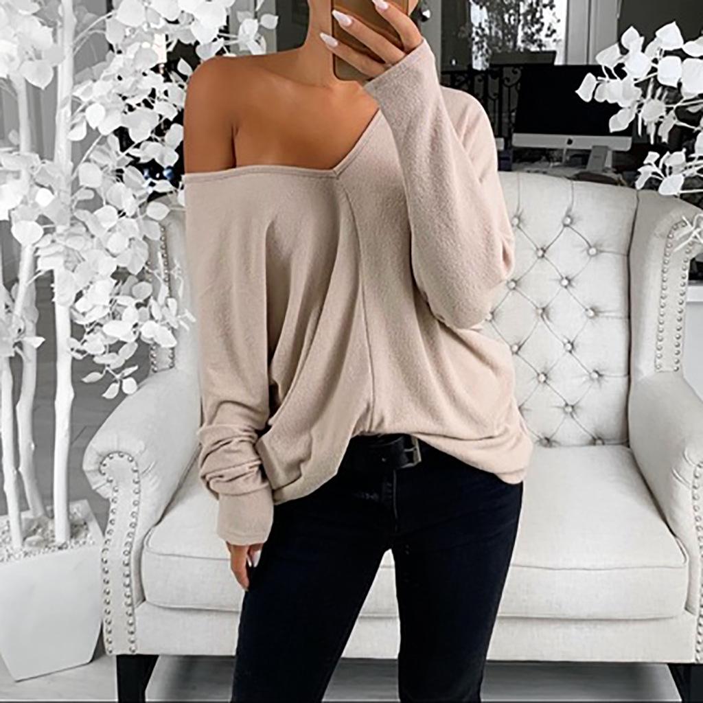 Simple Style Women Spring Fall Solid Color T-shirt Loose V-neck Casual Top