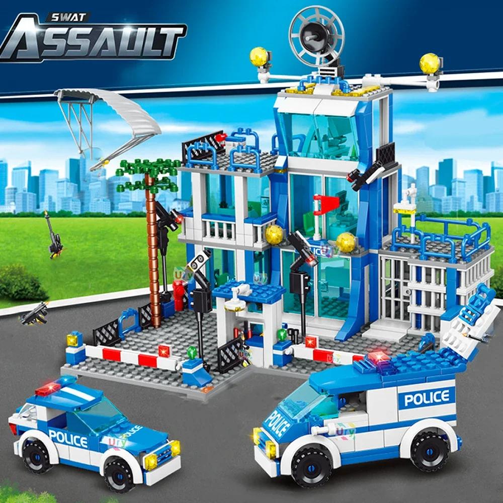 City police station building block group boy DIY car brick police station model building children's educational toy gift