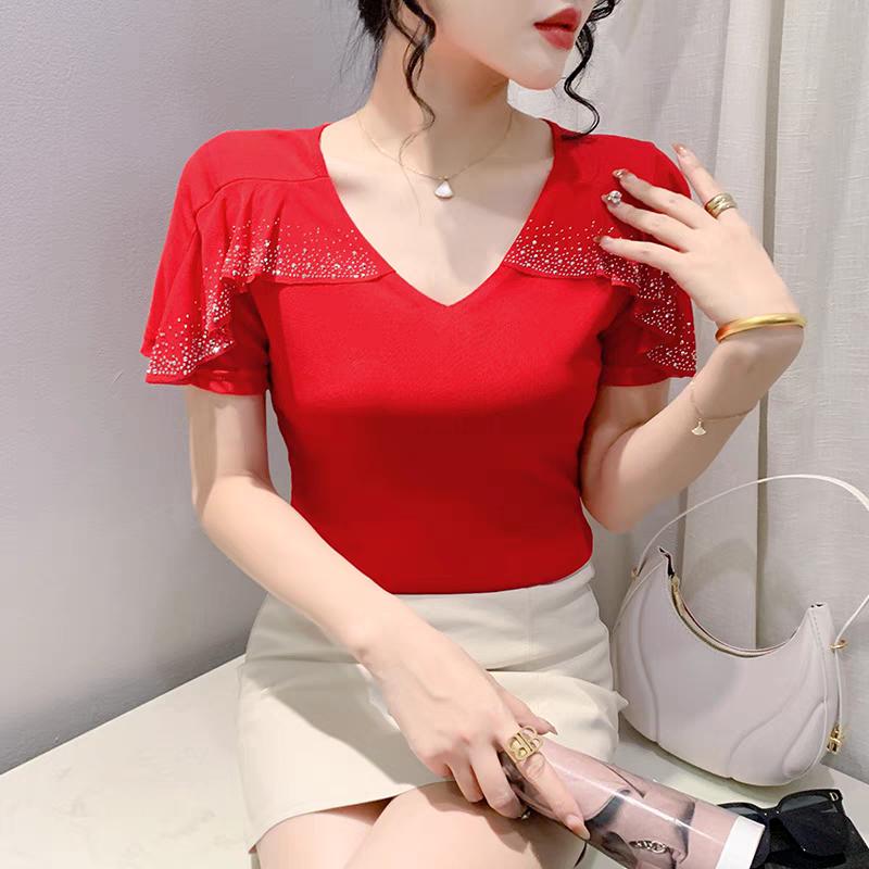 New Summer Streetwear Girl Chic Ruffled Hot Diamonds T-Shirt Fashion V-Neck Short Sleeve Mesh Tops Women's Tees Clothes Blouse