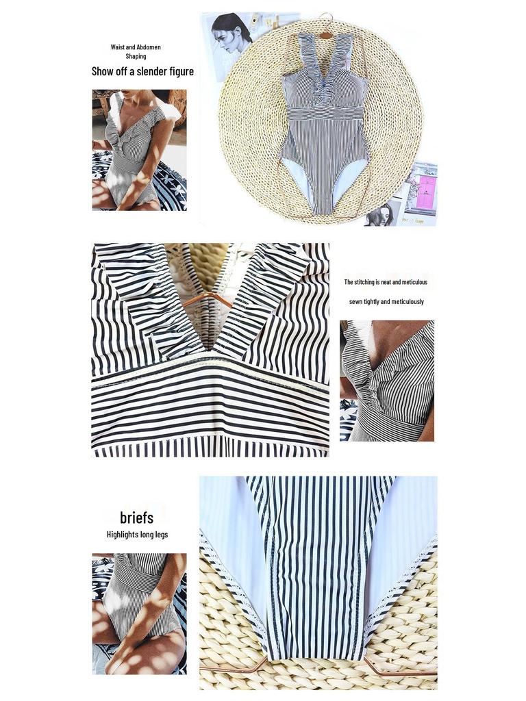 Ruffled Striped V-Neck Backless One-Piece Swimsuit - European and American Style