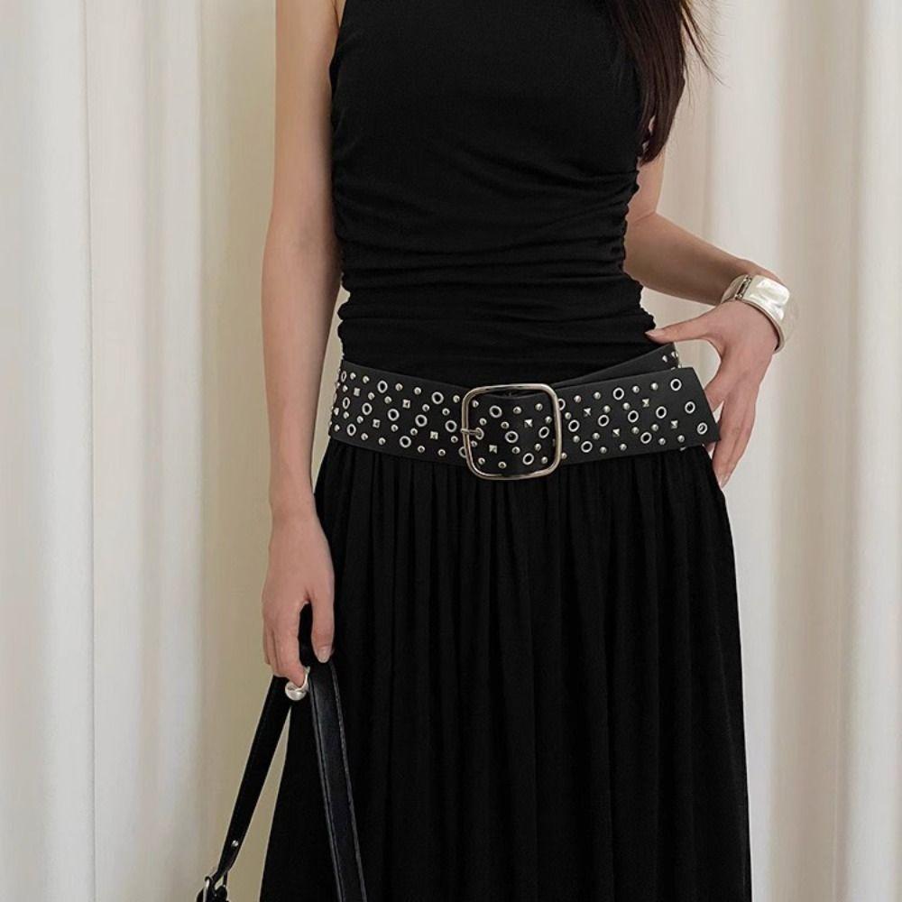 Simple Rivet Cowgirl Belt Harajuku Suede Wide Waistband Round Buckle Aesthetic PU Leather Belt Clothing Accessories