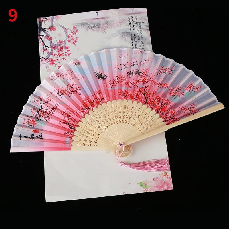 1Pc Vintage Silk Folding Fan Retro Chinese Japanese Bamboo Folding Fan Tassel Dance Hand Fan Home Decoration Ornament Craft Gift
