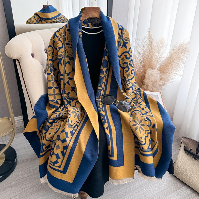 Winter  Two-Sided Geometric Scarf Mature Imitation Cashmere Warm Shawl Autumn Office Coldproof Windproof Wrapped Scarf