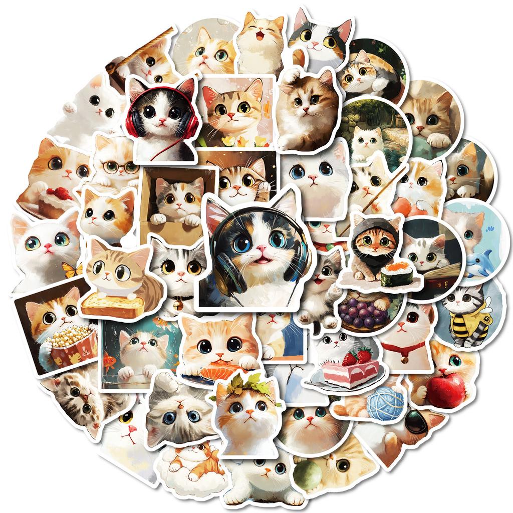 50 Oil Paintings Cat Graffiti Stickers Cute Round Face Kitten Waterproof Decorative Stickers DIY Refrigerator Skateboard Flat Board