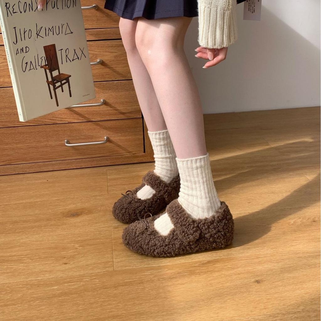 2025 autumn and winter new round head bow inner slope heel ballet fluffy fabric Doudou non-slip women's single shoes