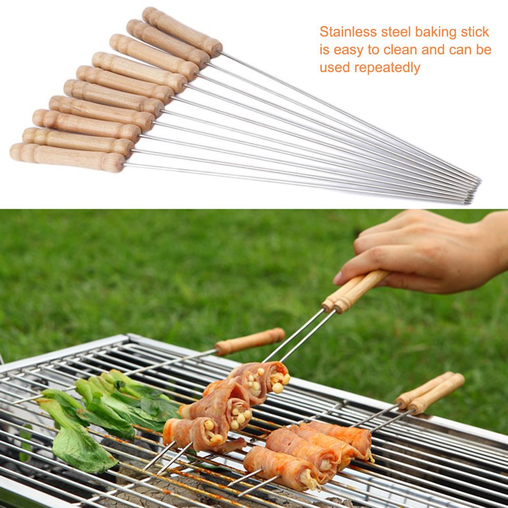10PCS BBQ Skewers Long Handle Shish Kebab 30cm Barbecue Grill Sticks Wood BBQ Fork Stainless steel Outdoor Grill Needle Bags