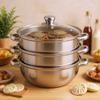 28cm Three-Layer Stainless Steel Soup Steamer | 410 Stainless Steel, Silver, with Transparent Lid, 32.5 * 25cm/12.8 * 9.84in